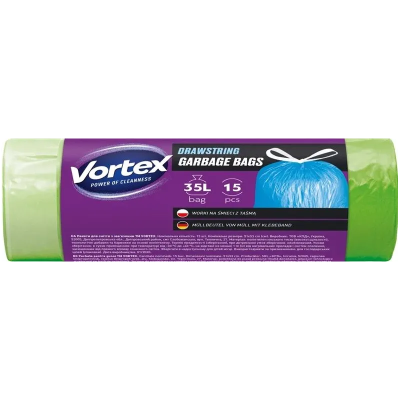 Vortex atkritumu maisi ar savelkamām auklām, zaļi, 35 l ,15 gab.,