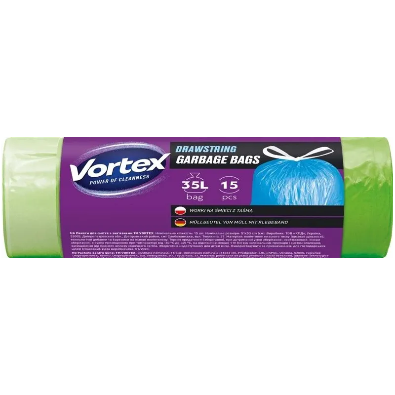 Vortex atkritumu maisi ar savelkamām auklām, zaļi, 35 l ,15 gab.,