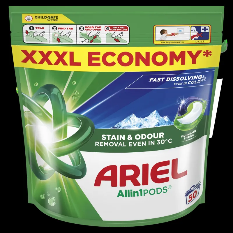 Ariel All-in-1 PODs Mountain Spring Mazgāšanas Kapsulas, 50 Mazgāšanas Reizēm