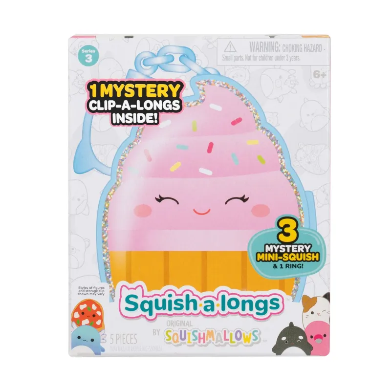 SQUISHMALLOWS CLIP-A-LONGS Figūriņas slēgtā iepakojumā iepakojumā, 3 gab., 2,5 cm