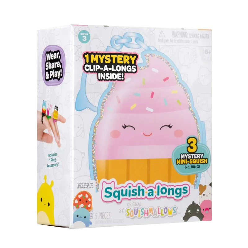 SQUISHMALLOWS CLIP-A-LONGS Figūriņas slēgtā iepakojumā iepakojumā, 3 gab., 2,5 cm