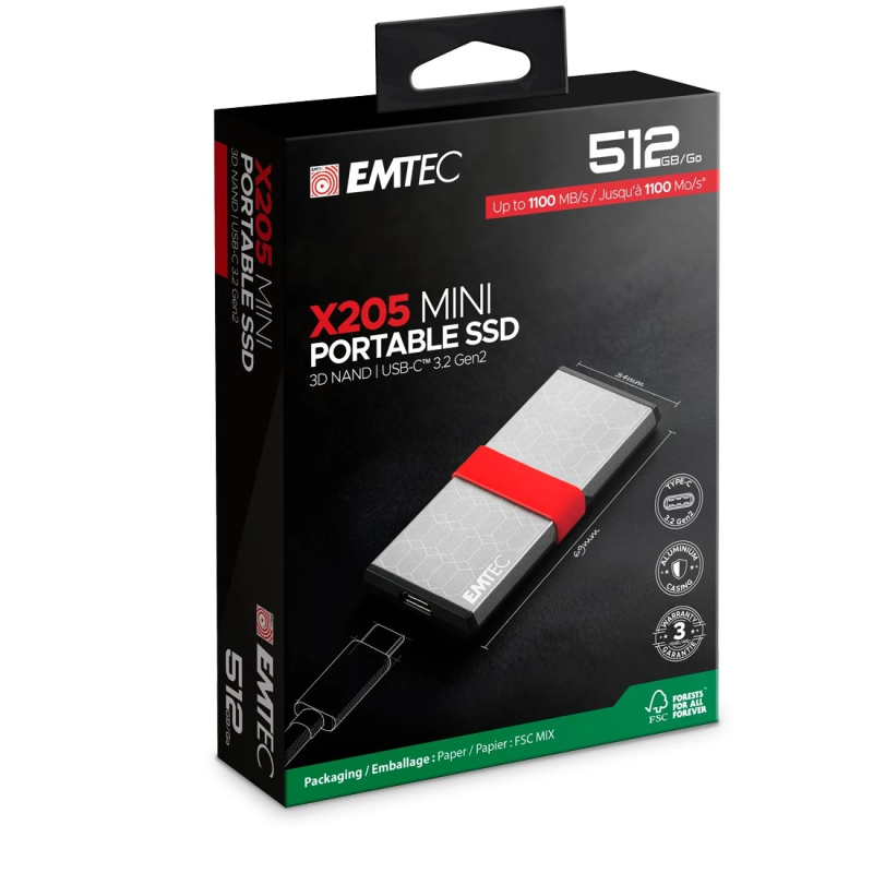 Emtec SSD 3D NAND-USB-C 3.2Gen2 X205 512GB Mini Portable SSD