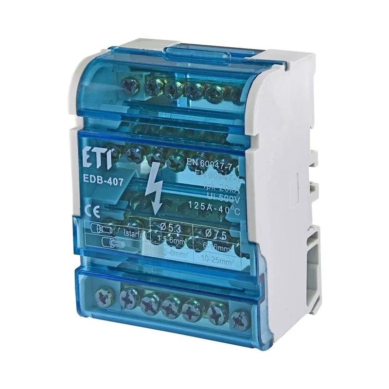 Savienojuma spaile ETI EDB-407, 5 x 1,5-6 mm²,2 x 6-16 mm², 125 A, zila krās.