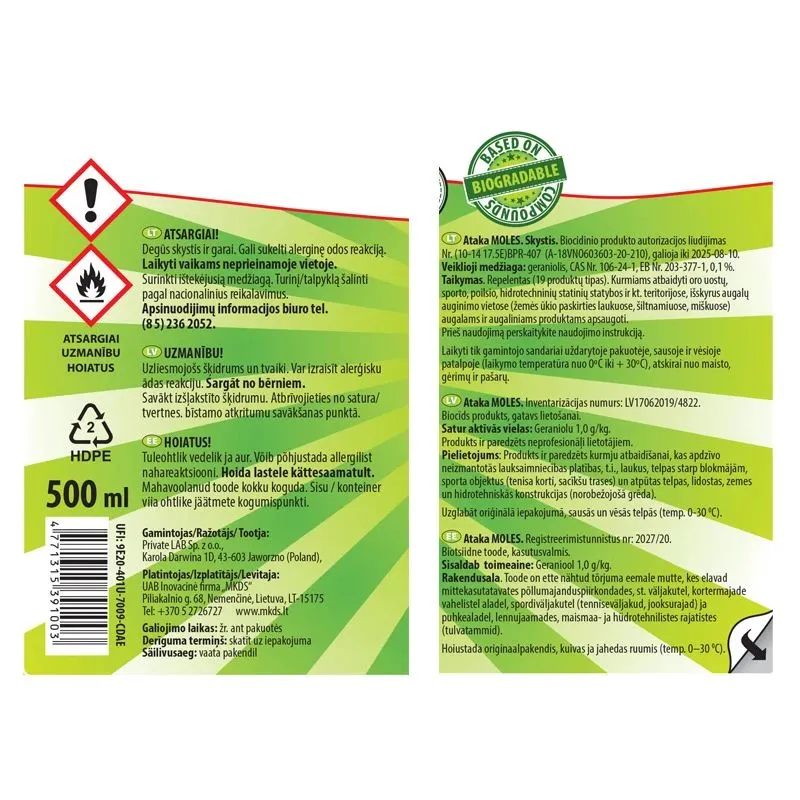 Atbaidīšanas līdzeklis Mkds ATAKA MOLES 3005814, 500 ml
