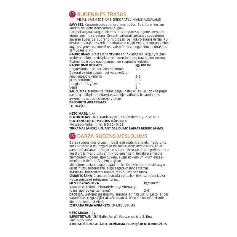 Mēslojums ogu stādiem, zālienam, ziediem Baltic Agro Autumn, granulēts, 1 kg