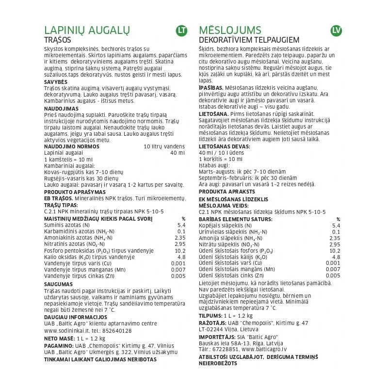 Mēslojums lapu augiem Baltic Agro, šķidrums, 1 l