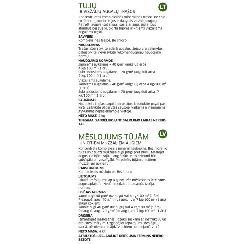 Mēslojums mūžzaļajiem augiem Baltic Agro, granulēts, 4 kg