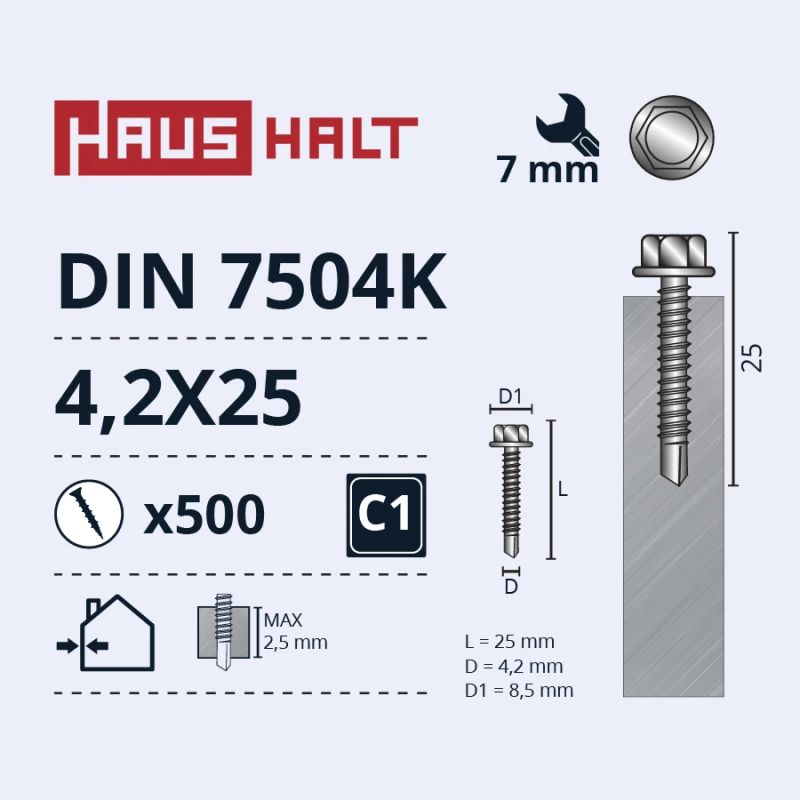 Isekeermestavad kruvid Haushalt DIN 7504K, 4.2 mm x 25 mm, 500 tk