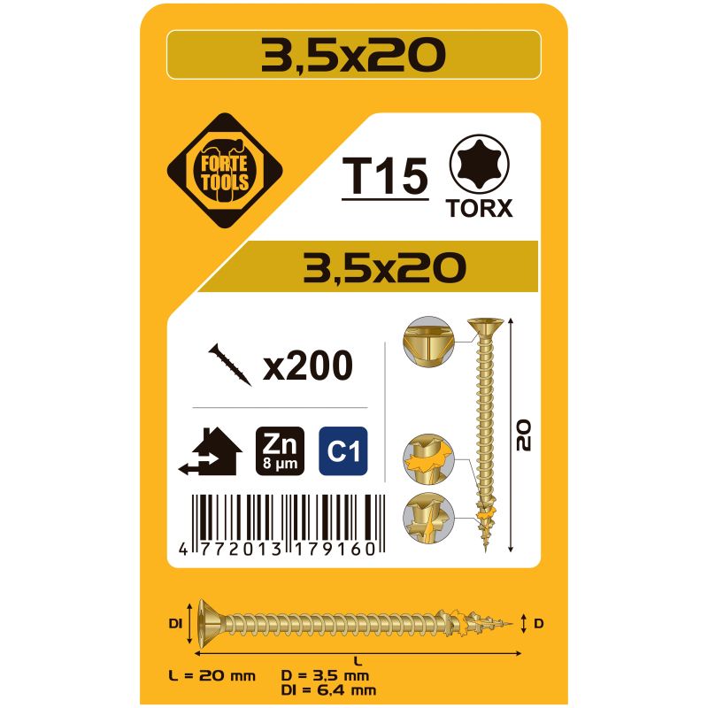 Koka skrūve t15 3.5x20 dzel zn 200gb