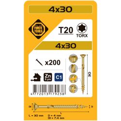 Koka skrūve t20 4.0x30 dzel zn 200gb