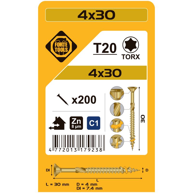 Koka skrūve t20 4.0x30 dzel zn 200gb