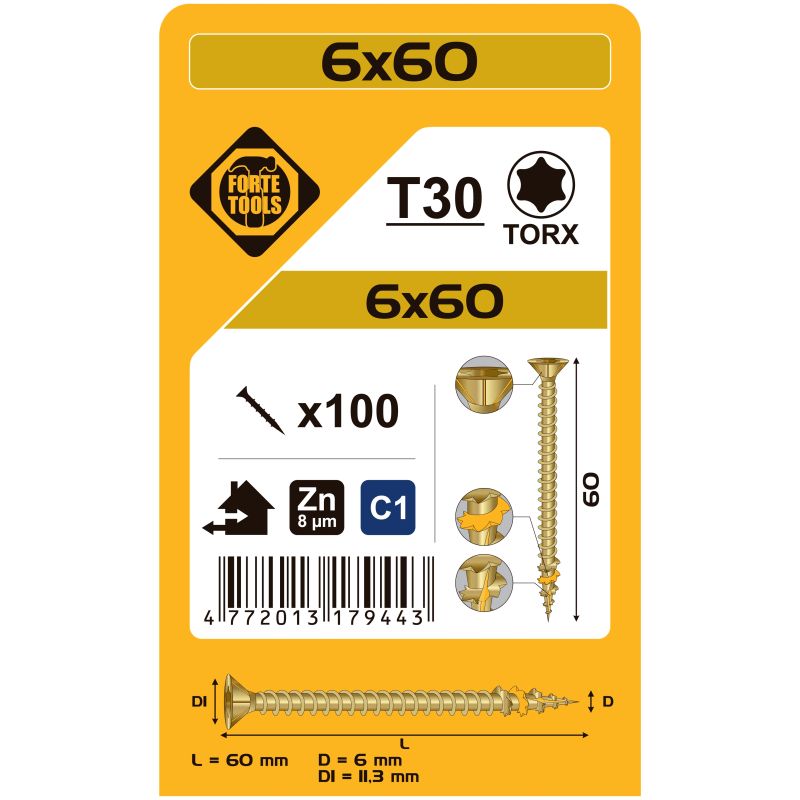 Koka skrūve t30 6.0x60 dzel zn 100gb