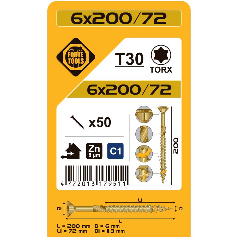 Skrūve kokam scr t30 6.0x200-72 yellzn50