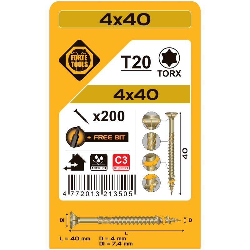 Kokskrūves 4 x 40mm ruspert tx20 200gab.