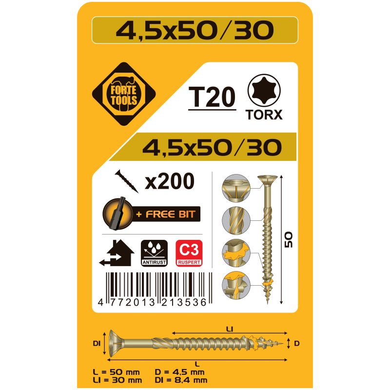 Kokskrūves 45x50-30mmrusperttx20 200gab.