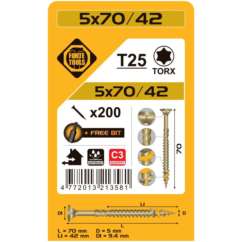 Kokskrūves 5x70-42mmruspert tx25 200gab.