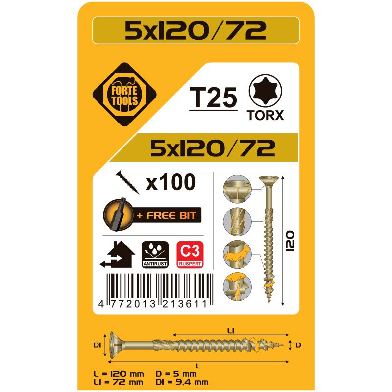 Kokskrūves 5x120-72mmrusperttx25 100gab.