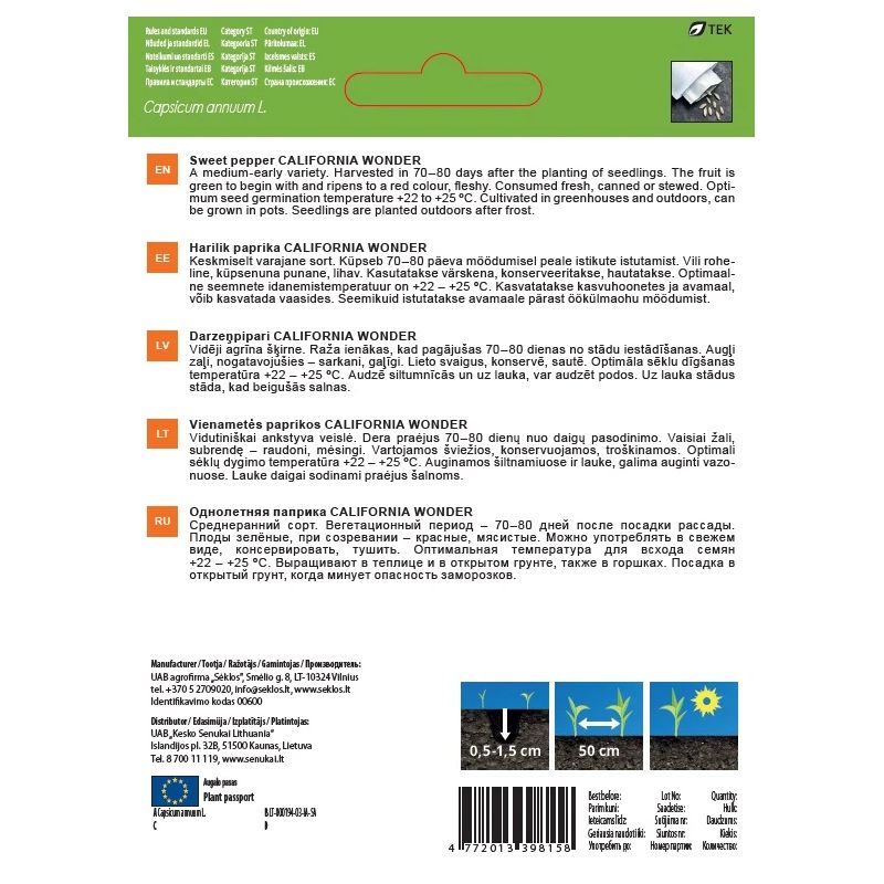 Sēklas paprikas california wonder 0.1g
