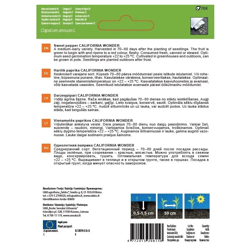 Sēklas Garden Center, paprika CALIFORNIA WONDER, 0.1 g