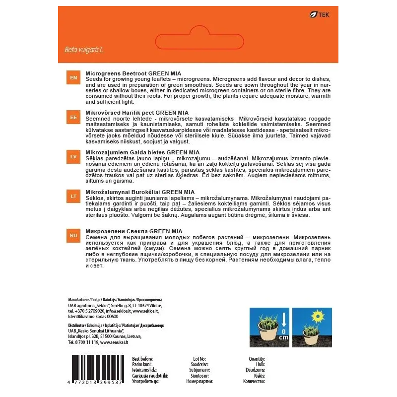Sēklas Garden Center dīgšanas, biešu lapas GREEN MIA, 10 g