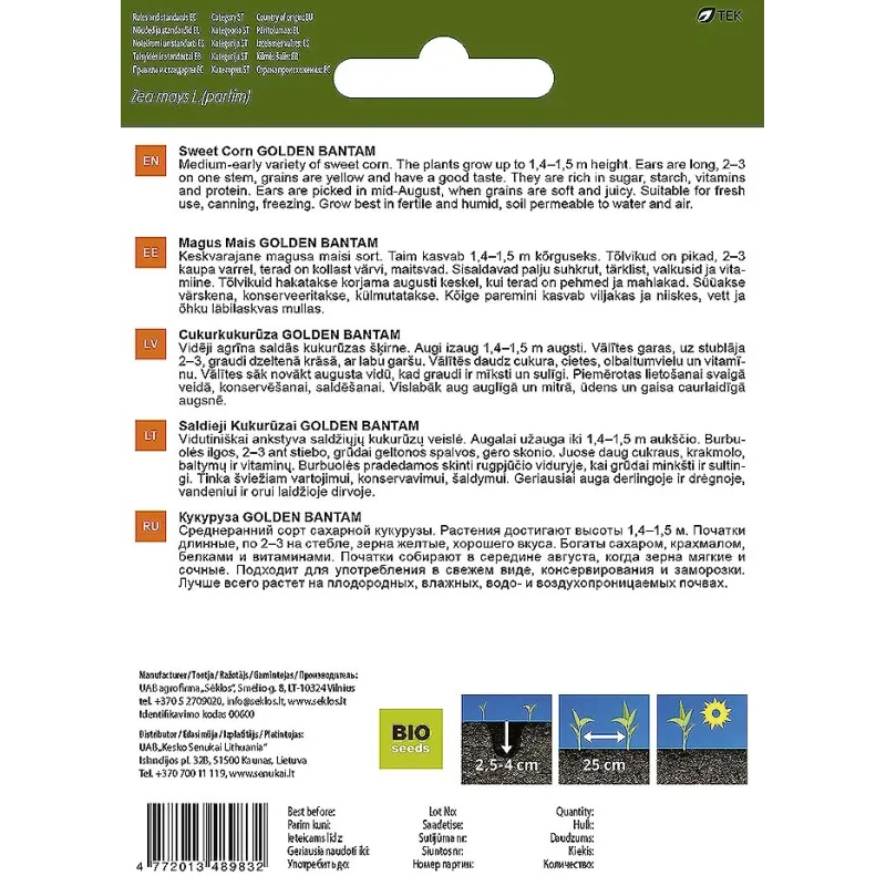 Sēklas Garden Center, saldā kukurūza Bantam, 3 g