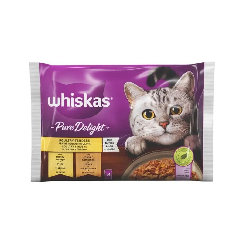 Mitrā kaķu barība Whiskas Pure Delight, vistas gaļa-tītara gaļa, 0.085 kg x 4 gab.
