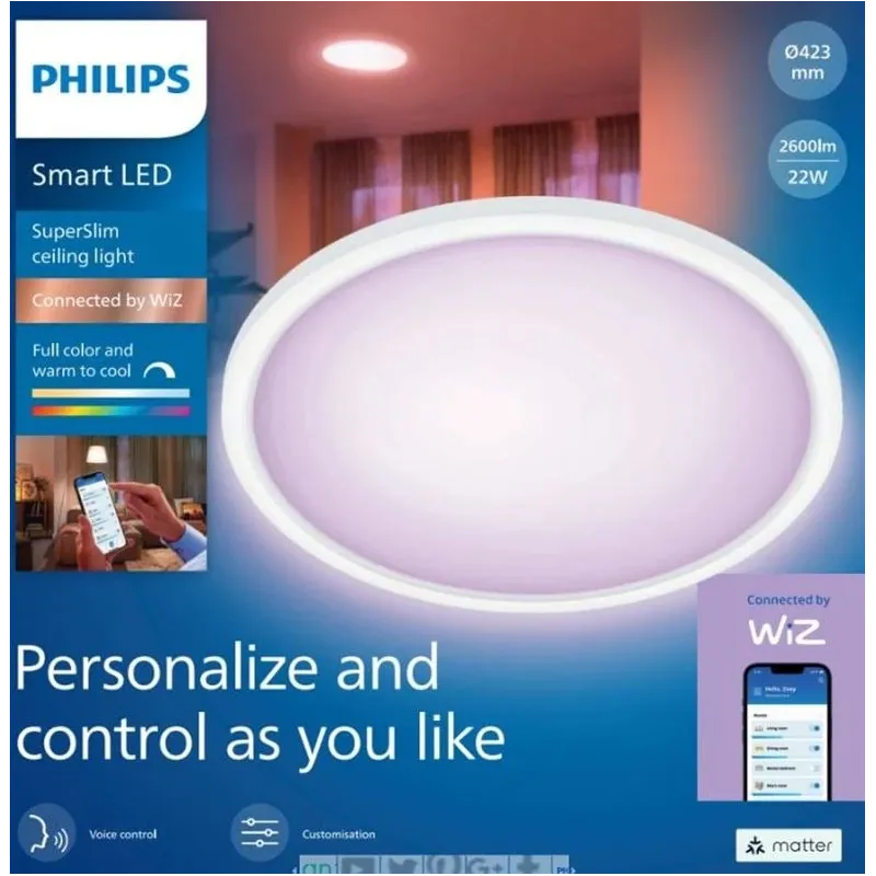 Viedais apgaismojums griesti Philips SuperSlim 929003300921, LED, 1 x 22 W