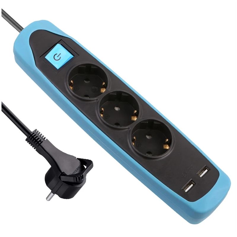 Pagarinātājs 3p+2usb 2m melna-zila