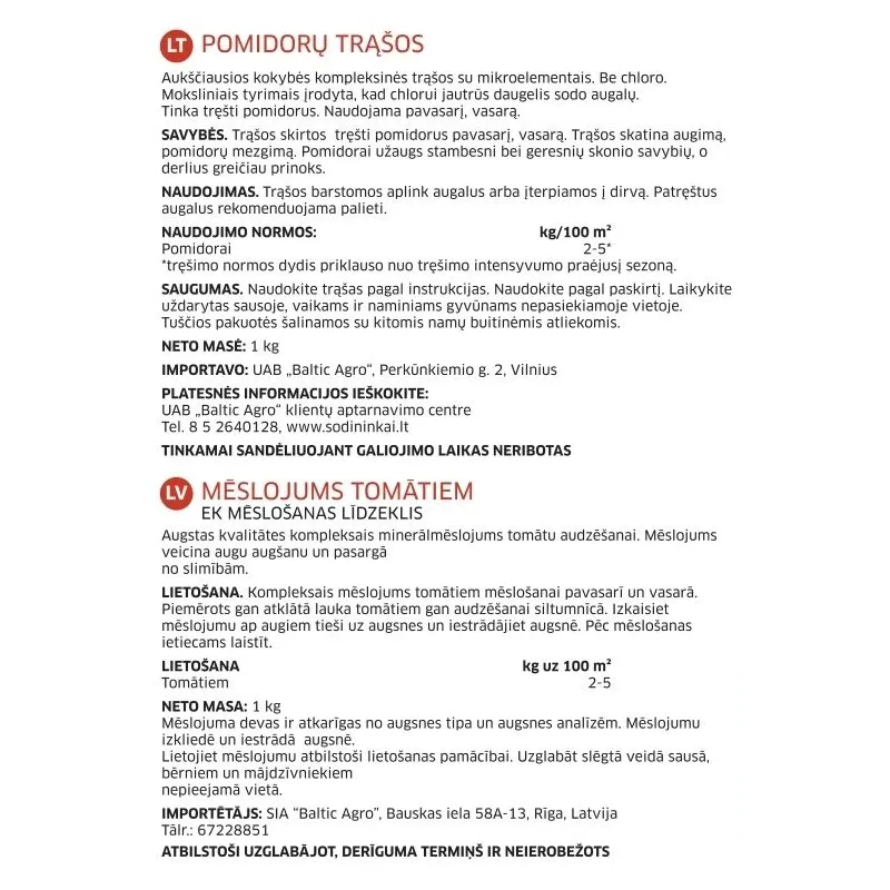 Mēslojums tomātiem Baltic Agro Tomato, granulēts, 1 kg