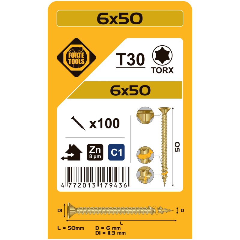 Koka skrūve t30 6.0x50 dzel zn 100gb