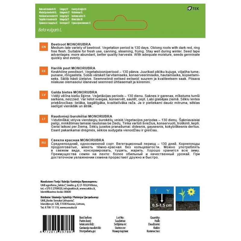 Sēklas Garden Center, galda bietes MONORUBRA, 10 g, 4 m