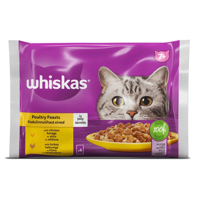 Šlapias kačių maistas Whiskas Turkey,chicken, vištiena-kalakutiena, 0.085 kg x 4 vnt.