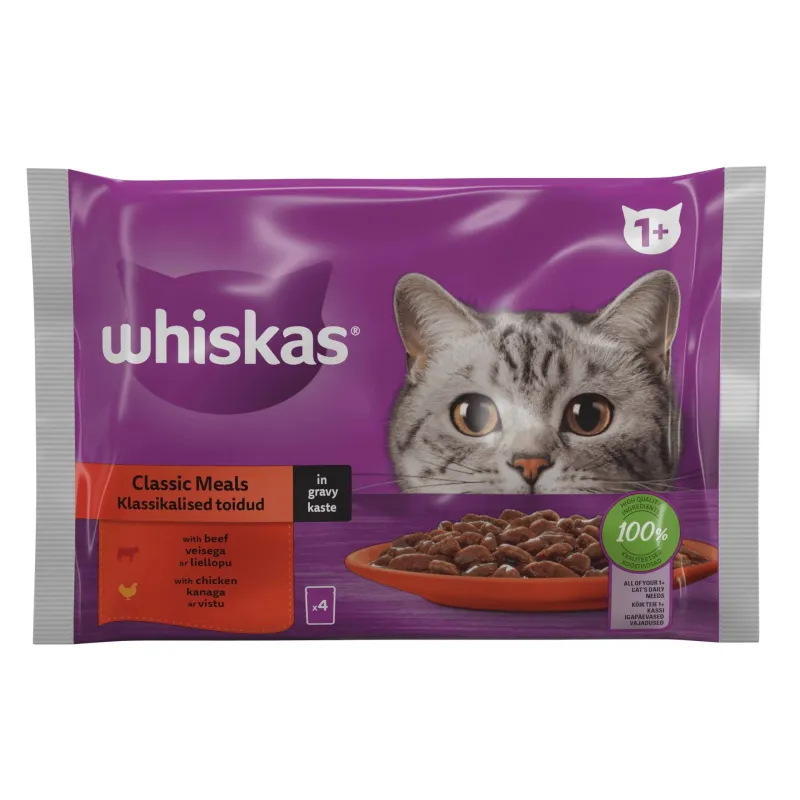 Mitrā kaķu barība Whiskas Beef, Chicken, liellopa gaļa-vistas gaļa, 0.085kg x 4 gab.