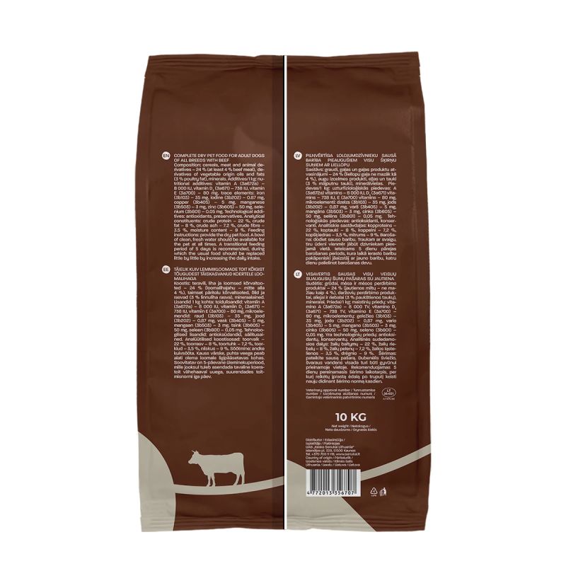 Barība suņiem pieaug. ar liellopu 10kg