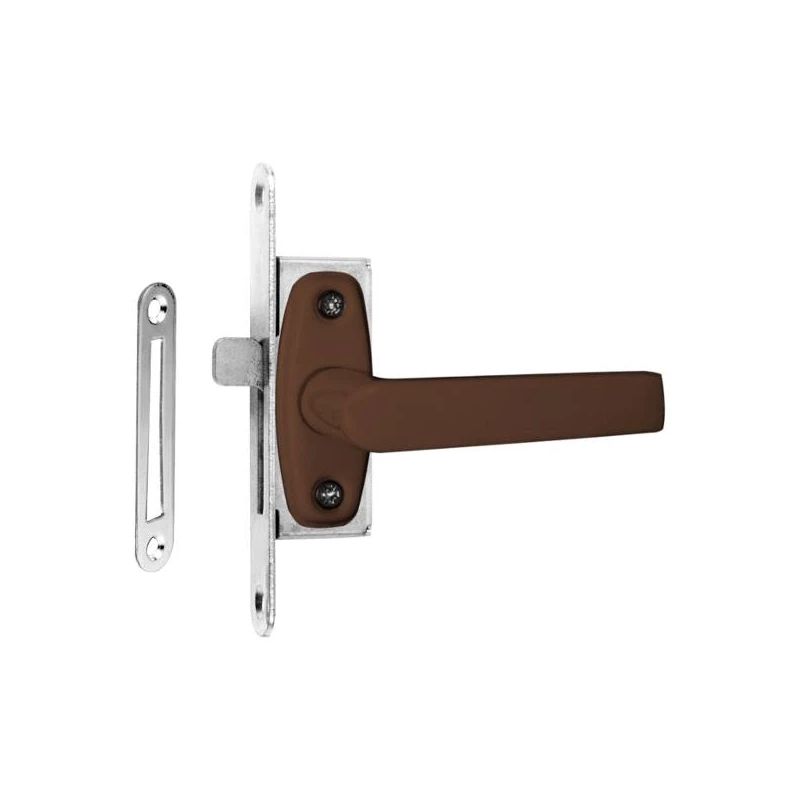 Aizgrieznis logu ar brūnu rokturi.