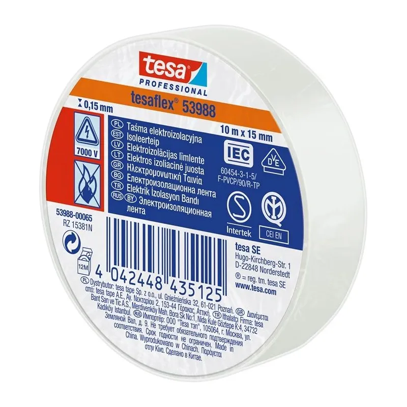 Elektrības izolācijas lente Tesa 53988, balta krās., 10 m