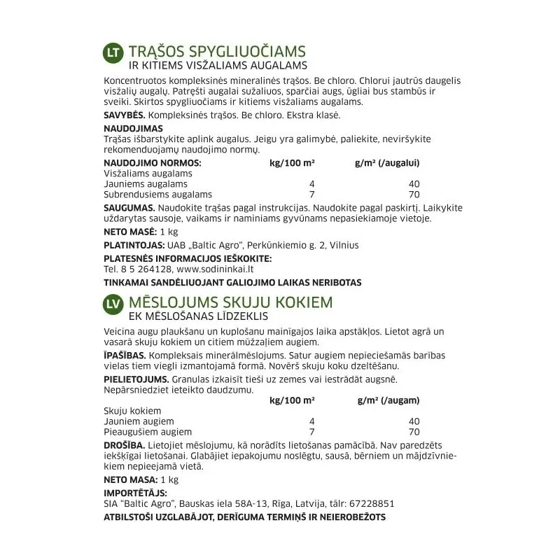 Mēslojums mūžzaļajiem augiem, skujkokiem Baltic Agro, granulēts, 1 kg