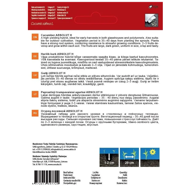 Sēklas Garden Center, gurķi ABSOLUT H, 0.5 g