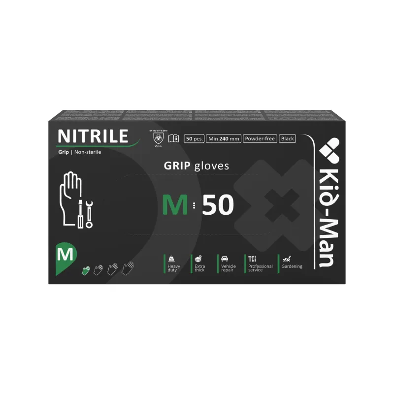 Nitrila cimdi Kid-Man Black Grip N50, M izmērs