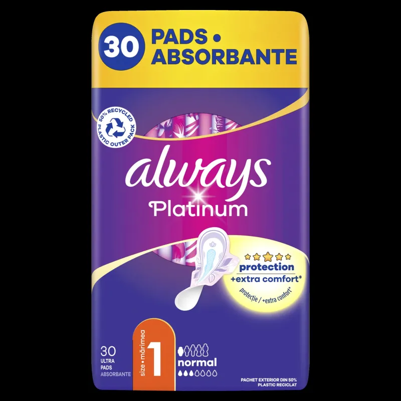 Always Platinum Normal Size 1 Pads with Wings, 30 pcs