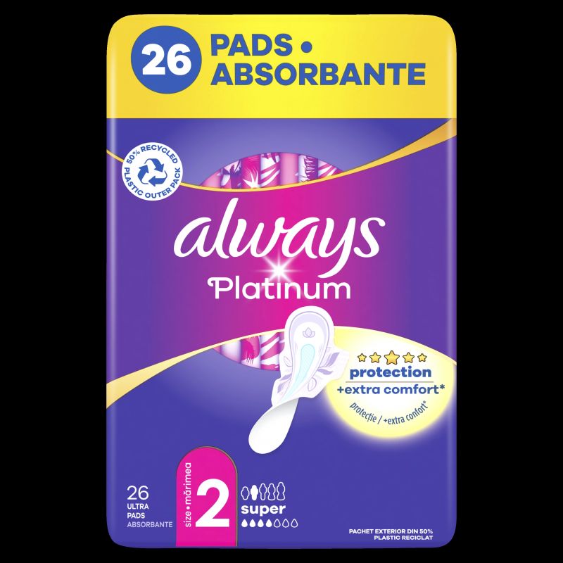 Always Platinum Super Size 2 Higiēniskās Paketes Ar Spārniņiem, Long, 26 gab