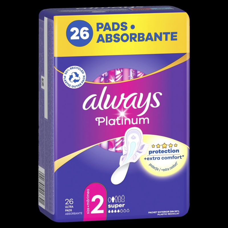 Always Platinum Super Size 2 Higiēniskās Paketes Ar Spārniņiem, Long, 26 gab