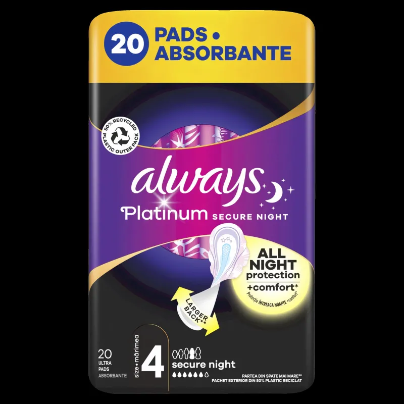 Always Platinum Secure Night Size 4 Higiēniskās Paketes Ar Spārniņiem, 20 gab