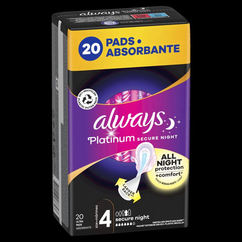 Always Platinum Secure Night Size 4 Higiēniskās Paketes Ar Spārniņiem, 20 gab