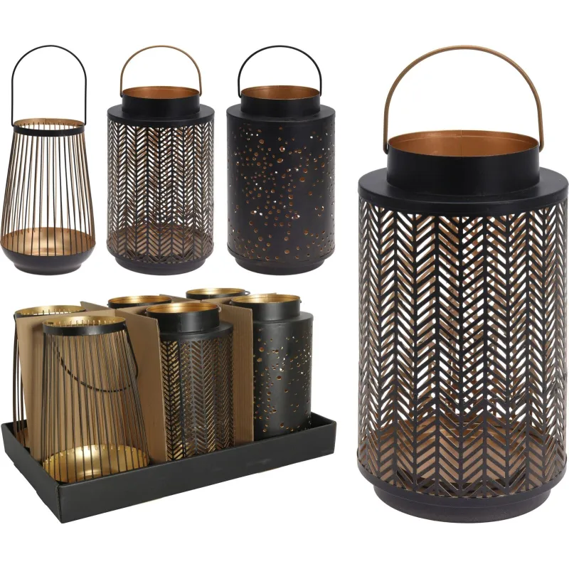 Metāla lampions, 14,4 x 14,4 x 24 cm, zelta-melna krāsa