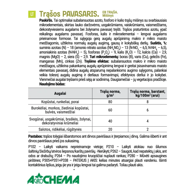 Mēslojums lapu dārzeņiem, ogu stādiem, augļu kokiem Agrochema Spring, lielam apjomam, 4 kg