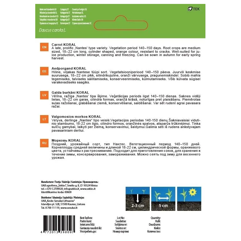 Sēklas Garden Center, burkāns KORAL, 3 g