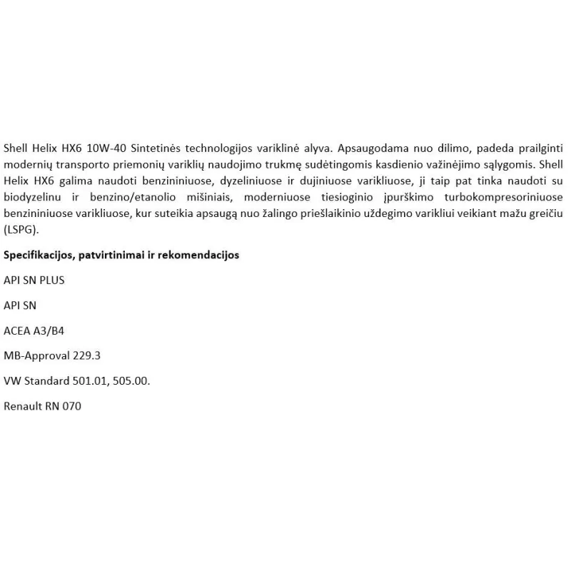 Eļļa Shell Helix HX6 10W - 40, daļēji sintētiska, 5 l