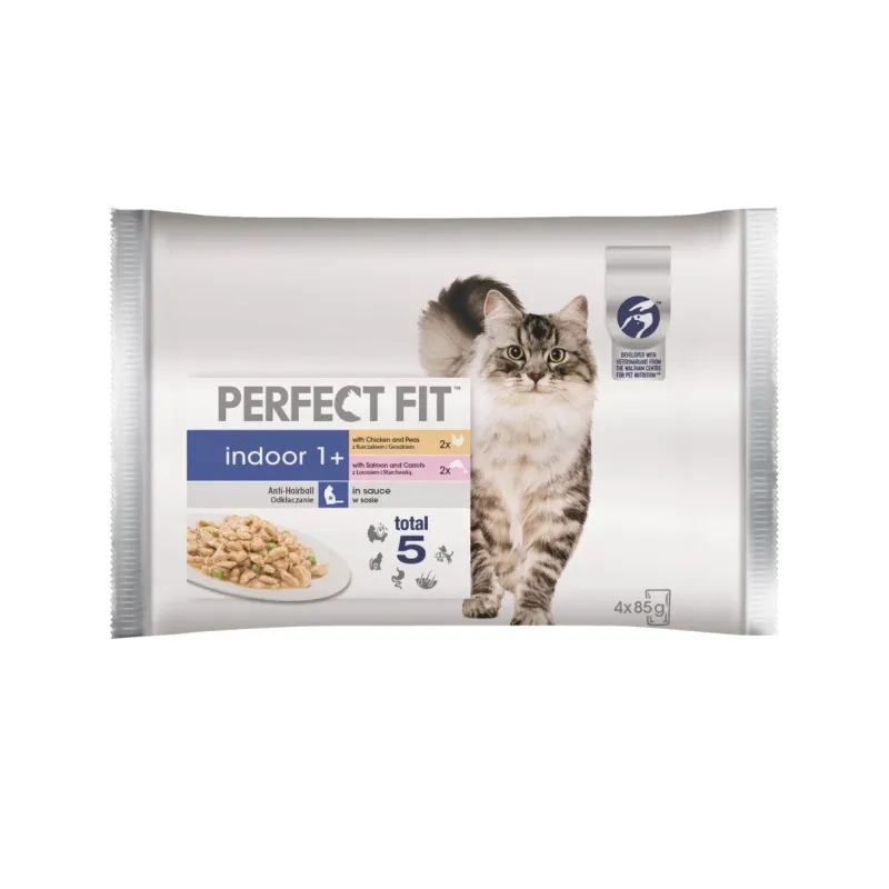 Mitrā kaķu barība Perfect Fit Indoor1+, vistas gaļa-dārzeņi-lasis, 0.085 kg x 4 gab.