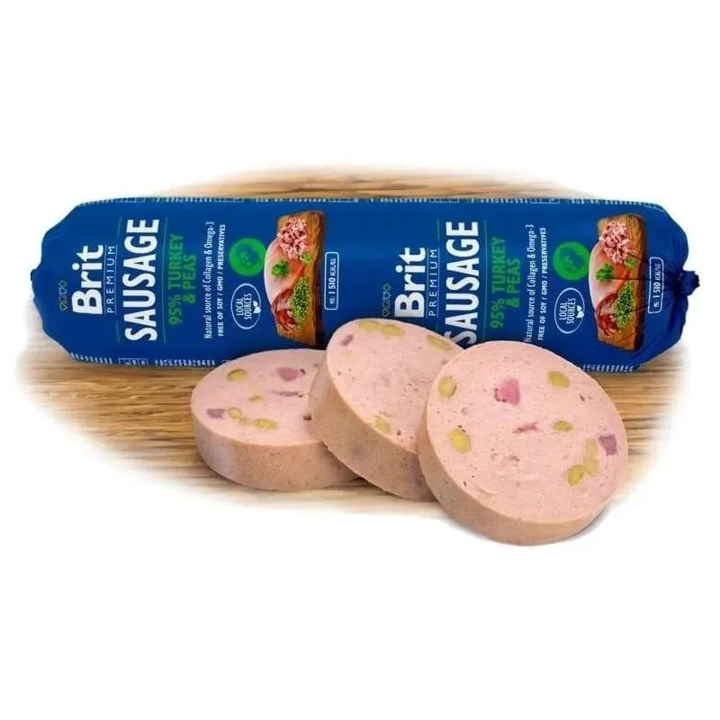 Mitrā barība ,konservi, suņiem Brit Premium Sausage Turkey & Peas, tītara gaļa-dārzeņi, 0.8 kg